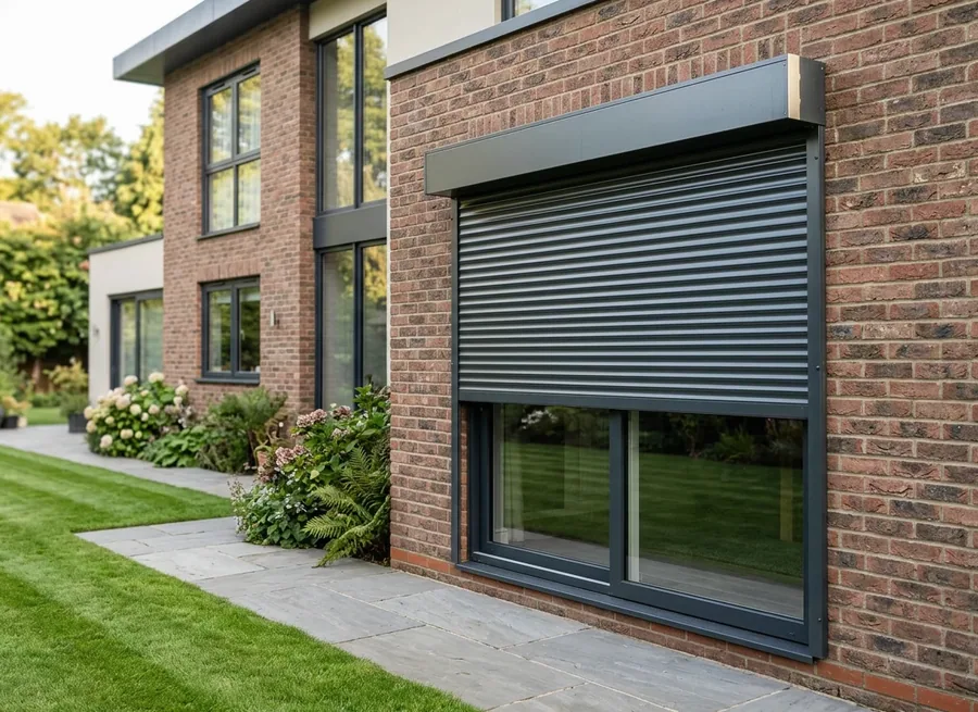 External aluminium roller shutter part-lowered from its headbox on the outside of a window for shade