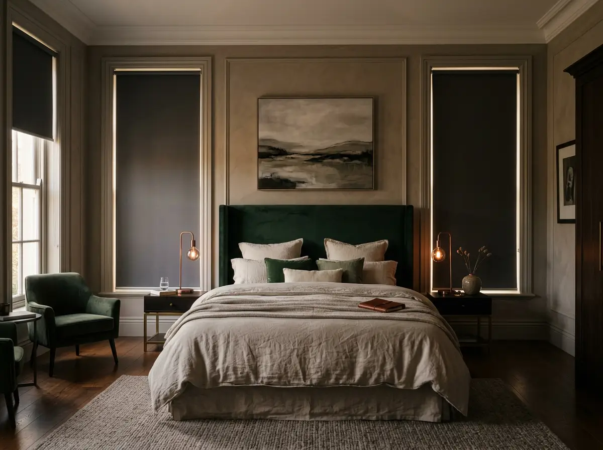 Sandhurst bedroom with blockout roller blinds lowered over two tall sash windows, light held to a thin line at the edges