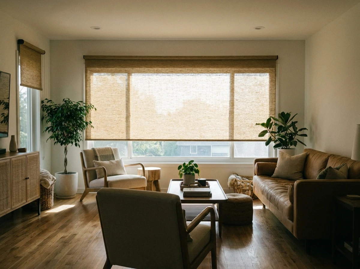 Living room sunscreen roller blind, wide shot showing the weave texture against backlight