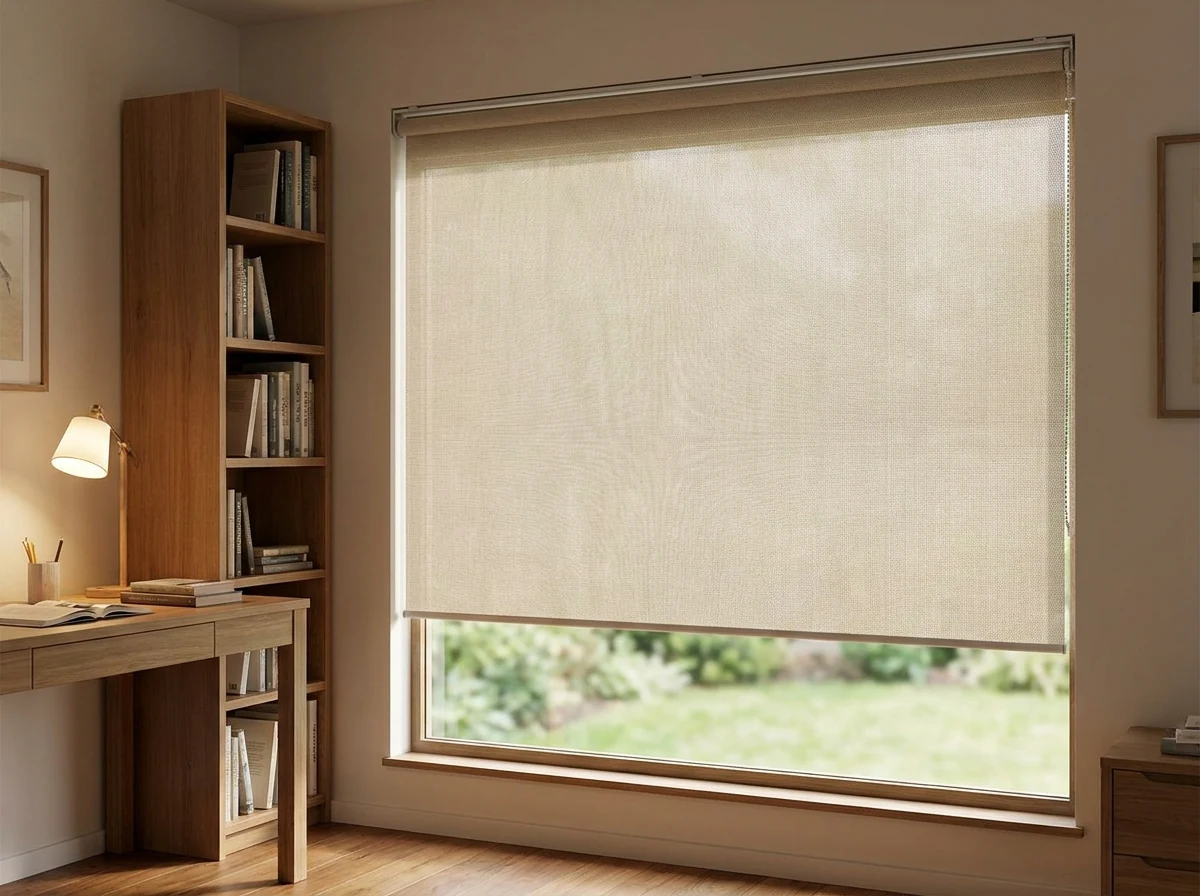 Flat sunscreen roller blind lowered over a Sandhurst study window beside a bookshelf, garden visible through the mesh weave