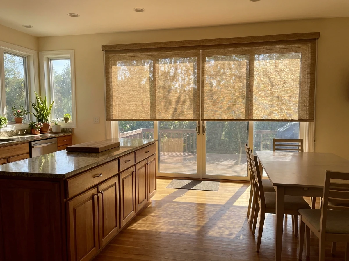 Kitchen sunscreen roller blind over sliding doors, dappled light on the floor, midday