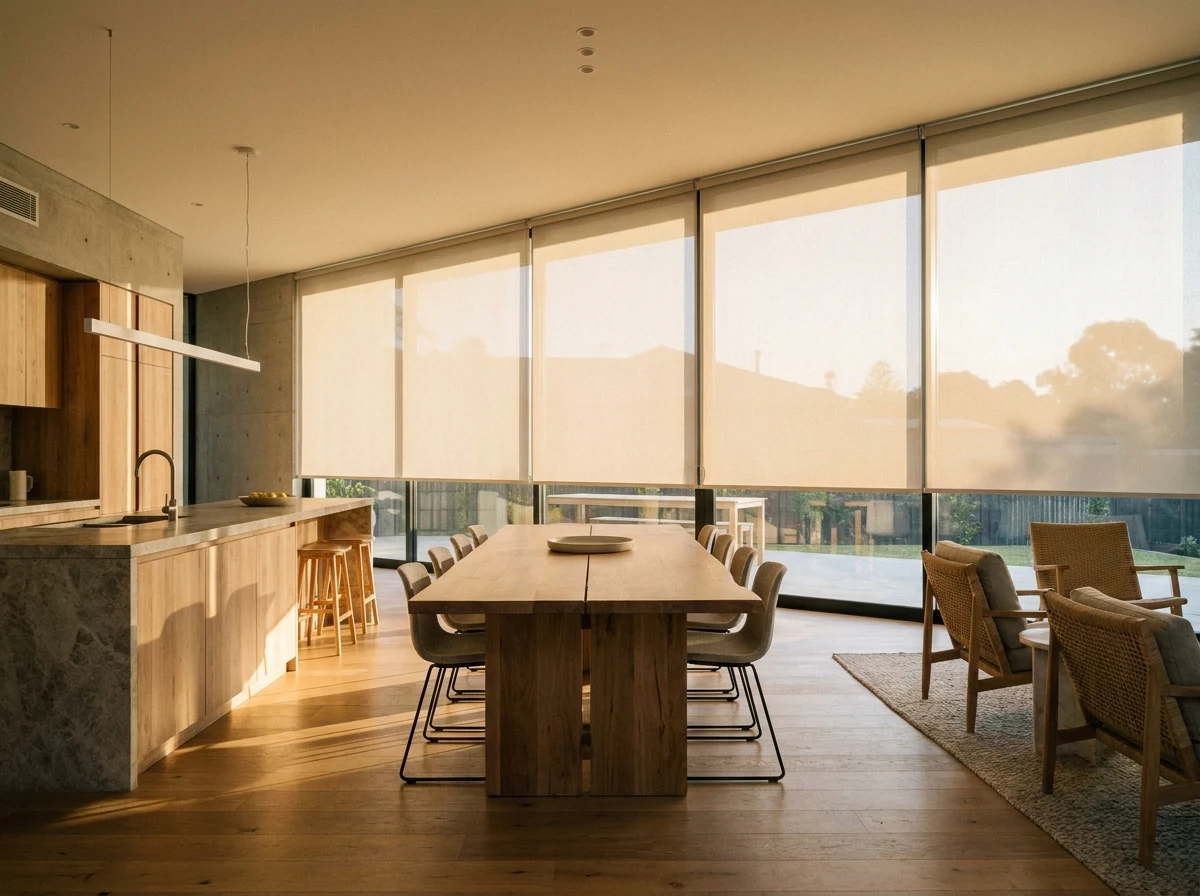 Open-plan dining room sunscreen roller blind over a glass wall, afternoon light