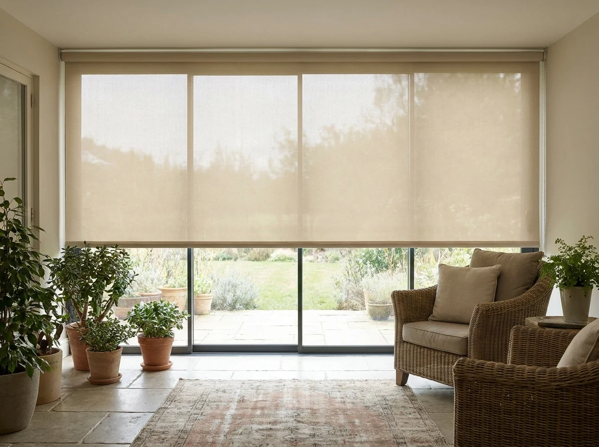 Sunroom sunscreen roller blind over a large window, soft diffuse light