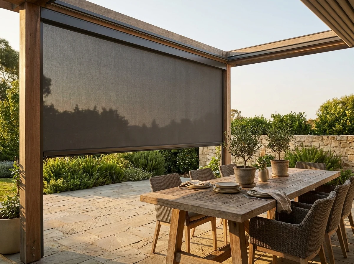 Alfresco dining zip screen beside a folding table, afternoon light