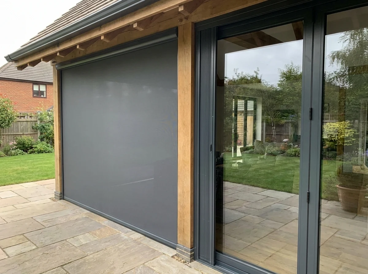Covered veranda zip screen next to glazed doors, close-mid angle