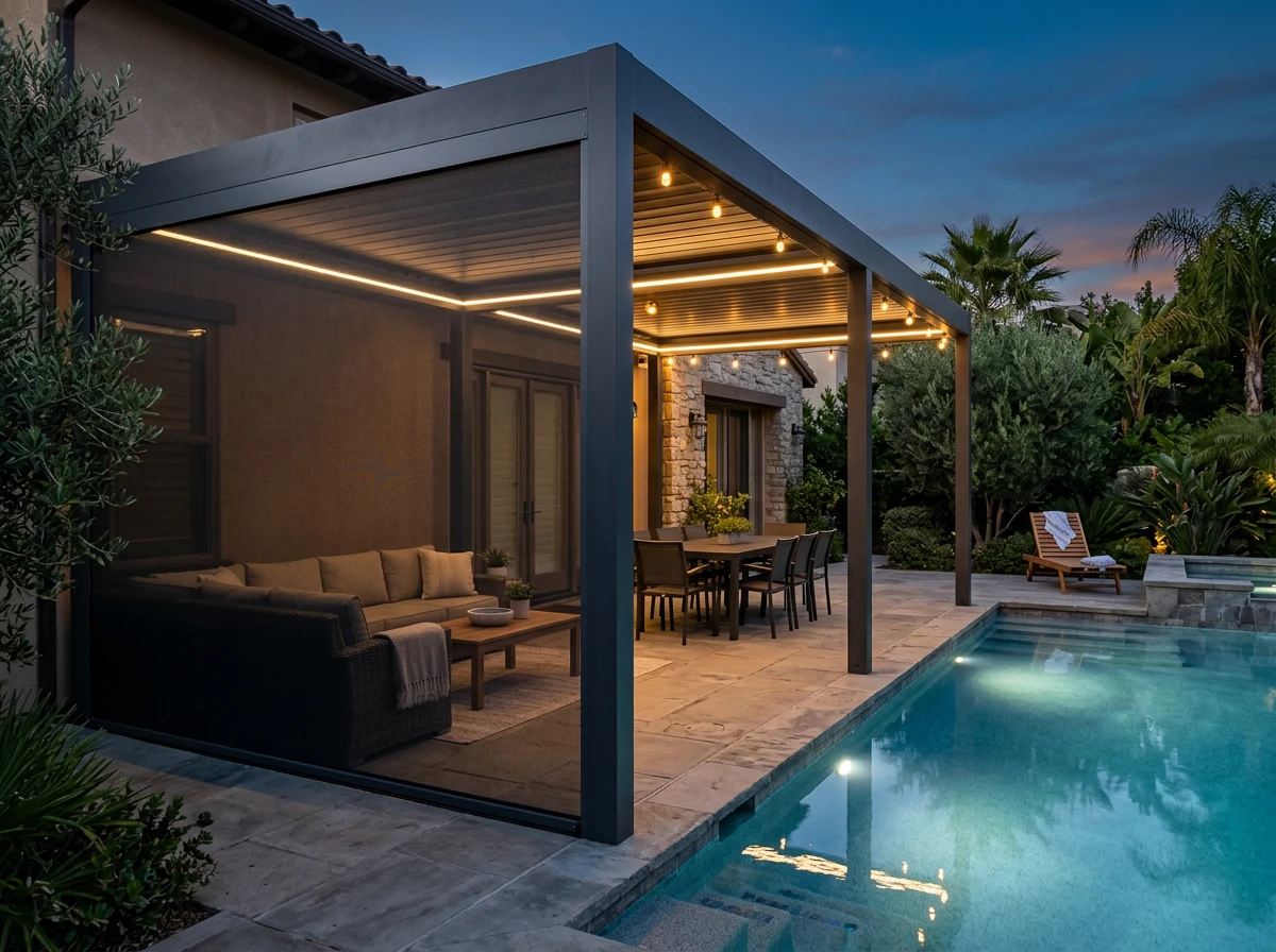 Poolside covered patio zip screen fully lowered, evening ambience