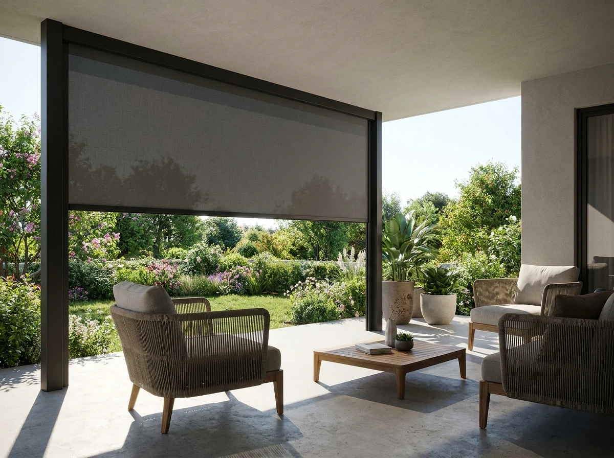 Outdoor lounge zip screen half-raised, garden view, midday
