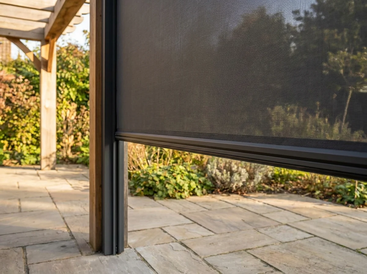Side patio zip screen lowered, showing the side channel track detail