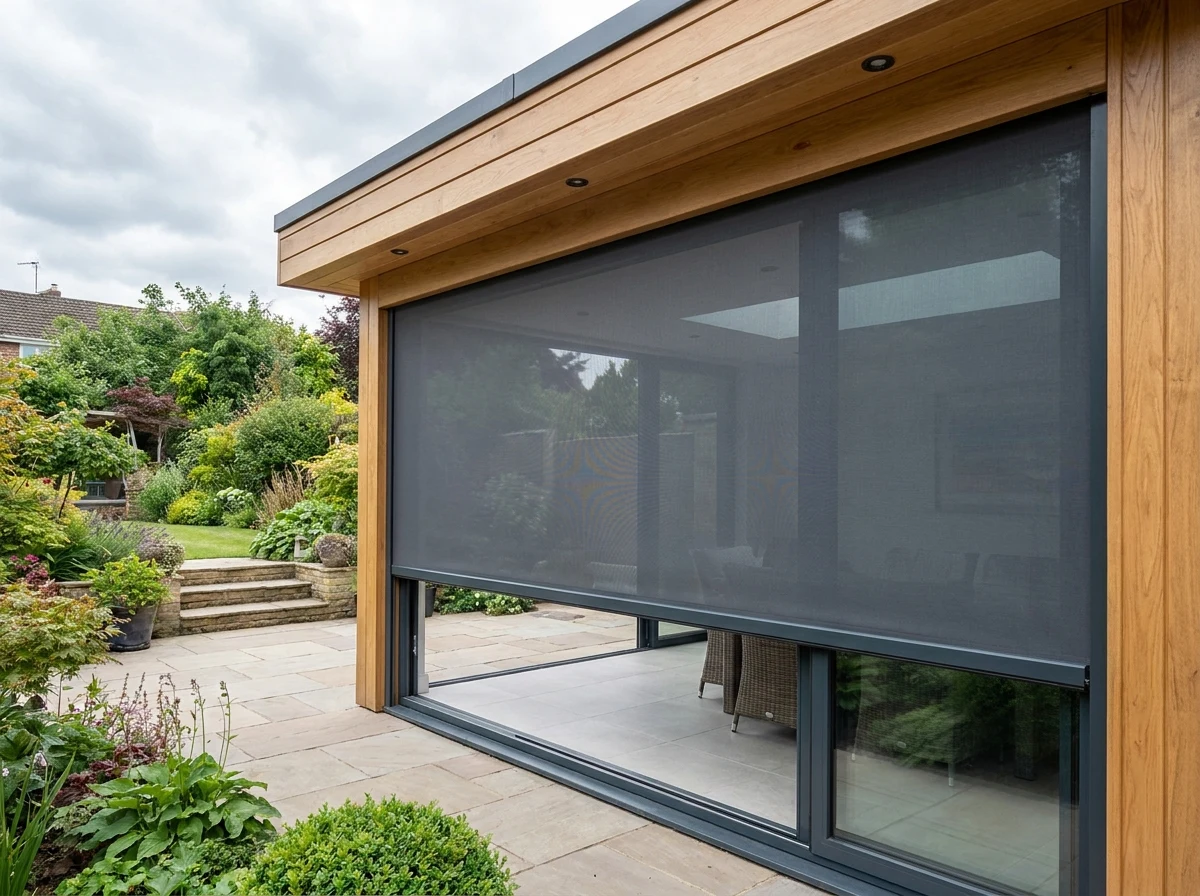 Garden room zip screen over an opening, soft daylight